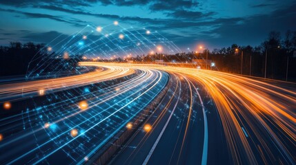 Obraz premium A truck illuminated by light trails speeds down the highway, with digital network lines suggesting advanced technology in transportation logistics.