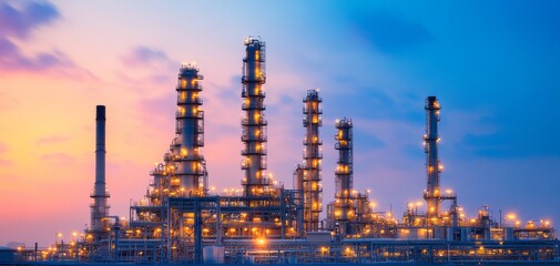 Obraz premium A brightly lit oil refinery against a colorful sunset, showcasing tall structures and industrial design.