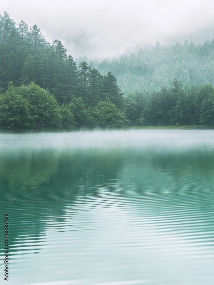 Poster The still waters of a quiet lake reflect the surrounding greenery, while a soft mist blankets the area, creating a tranquil atmosphere. Generative AI