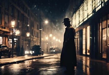 Silhouette of a man in a rainy city street at night.