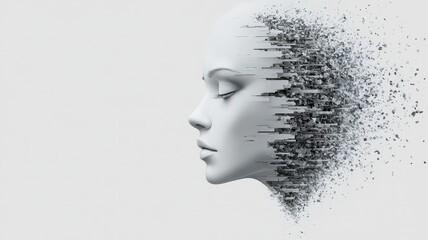 Abstract human profile, digital fragmentation, white background