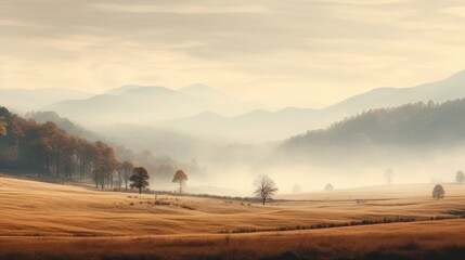 A foggy autumn morning on rolling hills, with a mist partially obscuring the colorful trees and creating a peaceful