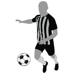 Silhouette soccer player in a black and white jersey runs with the ball on a white background