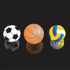 Obraz premium Volleyball, soccer and basketball on a black background