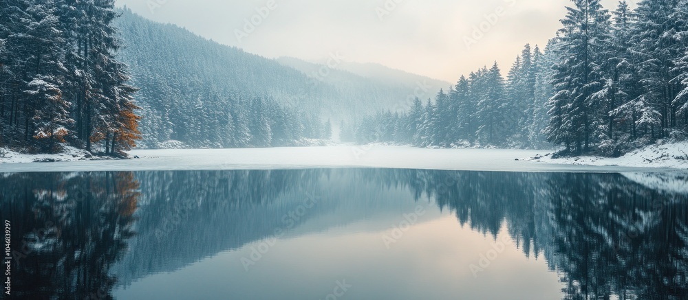 Poster a serene winter landscape with a snow-covered forest reflected in a still lake, creating a mirrored 
