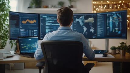 Security analyst reviewing threat intelligence reports on a multi-monitor setup in a high-tech office