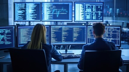 Security audit team reviewing firewall logs and system reports in a corporate environment