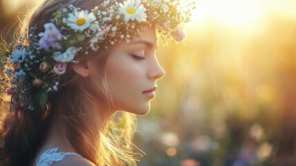 Fototapeta premium An enchanting profile shot of a woman adorned with a floral headdress, bathed in soft sunlight, capturing the beauty of nature and femininity.