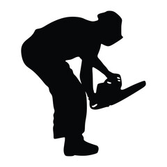 Silhouette of a man with protective equipment holding a chainsaw, lumberjack, forester