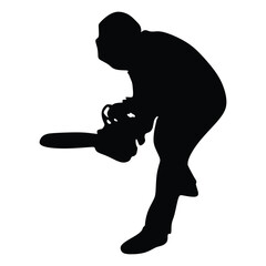 Silhouette of a man with protective equipment holding a chainsaw, lumberjack, forester