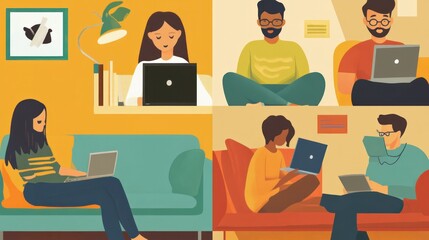 Students participating in online education via digital platforms, attending lectures from home