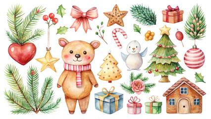 Fototapeta premium Christmas-themed illustrations element a bear, gifts, ornaments, and festive decorations on transparent background