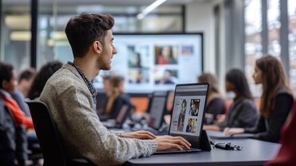 Virtual classroom setup with students attending lessons remotely, interacting with a digital whiteboard