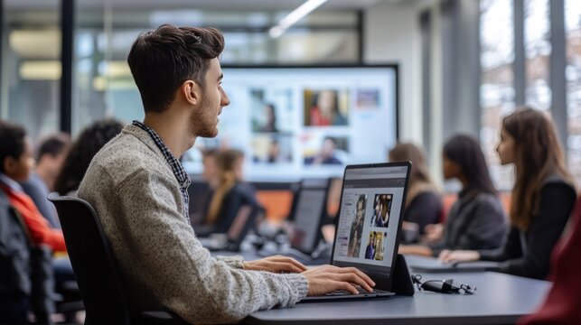 Virtual classroom setup with students attending lessons remotely, interacting with a digital whiteboard