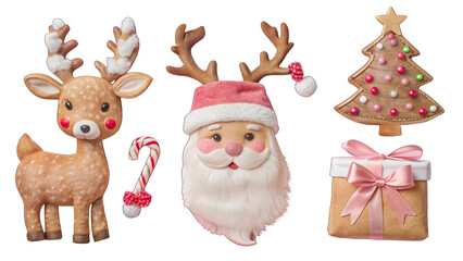 Christmas decoration characters including a reindeer, Santa, a Christmas tree, and a present, perfect for holiday celebrations.