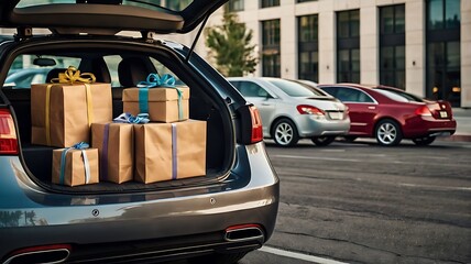 Shopping gift packs in the back of the car, Generative AI