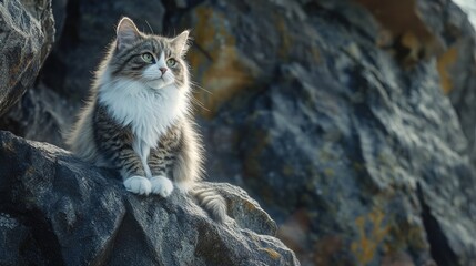 Obraz premium A fluffy Norwegian Forest cat sitting majestically on a rocky ledge in a natural setting