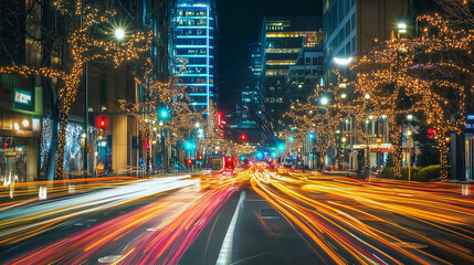 Obraz premium Light Trails from Holiday Lights in Urban Setting