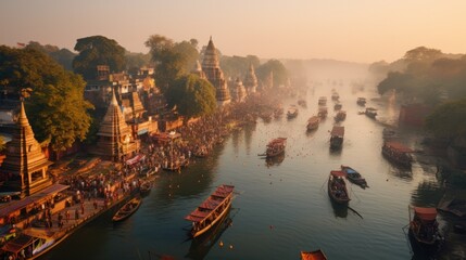 Naklejka premium Aerial shot of the Ganges River in India with boats floating on the water and temples lining the riverbanks