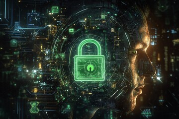 Fototapeta premium A futuristic humanoid figure surrounded by digital locks and glowing circuits in a high-tech environment