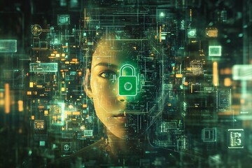 A futuristic humanoid figure surrounded by digital locks and glowing circuits in a high-tech environment