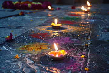 Diwali, the festival of lights, with a colorful pattern on the ground and candles lit in the background, is a Hindu cultural holiday celebration in India, Generative AI