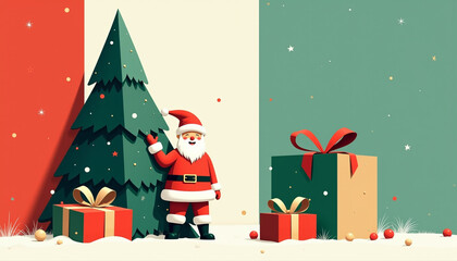 Abstract modern illustration of Santa Claus placing gifts under a geometric Christmas tree, bold colors like red and emerald green, sleek and minimalist style, large tree and Santa