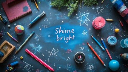 A flat lay of various school supplies on a blue chalkboard with the words Shine Bright written in pink