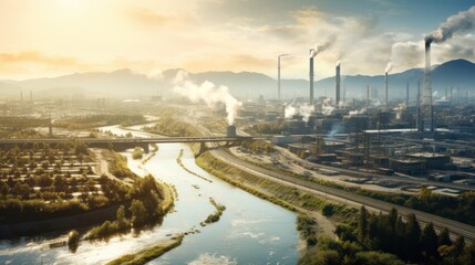 Aerial view of the river in Los Angeles with industrial areas on one side and residential...