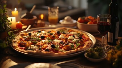 A delicious pizza with mozzarella, olives, and herbs, served with a glass of red wine, surrounded by candles and other food items on a wooden table.