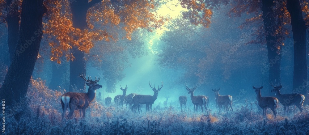 Poster a herd of deer standing in a misty forest with tall trees and sunlight streaming through the branche