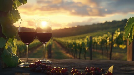 Naklejka premium Two wine glasses filled with red wine, resting on a table against a glowing sunset over a vineyard, capturing the tranquility of the moment.