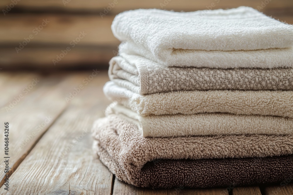 Aufkleber a collection of freshly laundered towels in neutral shades is arranged on a wooden surface, creating