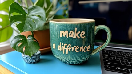 A teal ceramic mug with the words make a difference written on it sits on a blue desk next to a potted plant and a laptop computer