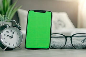 Phone with green screen on a bedside table, with an alarm clock and glasses