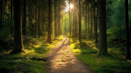Forest path with dappled sunlight