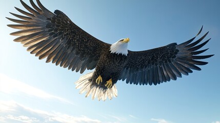 Fototapeta premium A majestic bald eagle soaring through a clear blue sky with outstretched wings