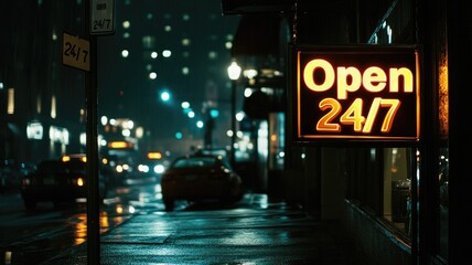 Neon sign saying "Open 24/7" on wet street at night with city lights reflecting pavement