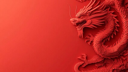 Intricate red dragon relief against a solid red background showcasing traditional Chinese artistry and symbolism © Stanley