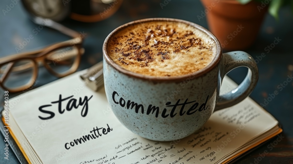 Poster A cup of coffee with the words Stay Committed written on it rests on an open notebook with the same phrase written in it