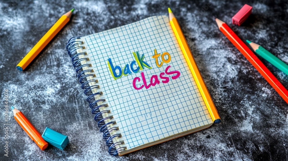 Poster a notebook with the words back to class written on it in colorful letters, surrounded by pencils and