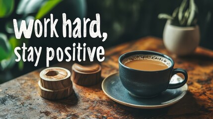 A cup of coffee with the motivational message work hard, stay positive written on a wooden table