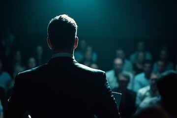 Speaker addressing a large audience in a dimly lit venue during an evening event
