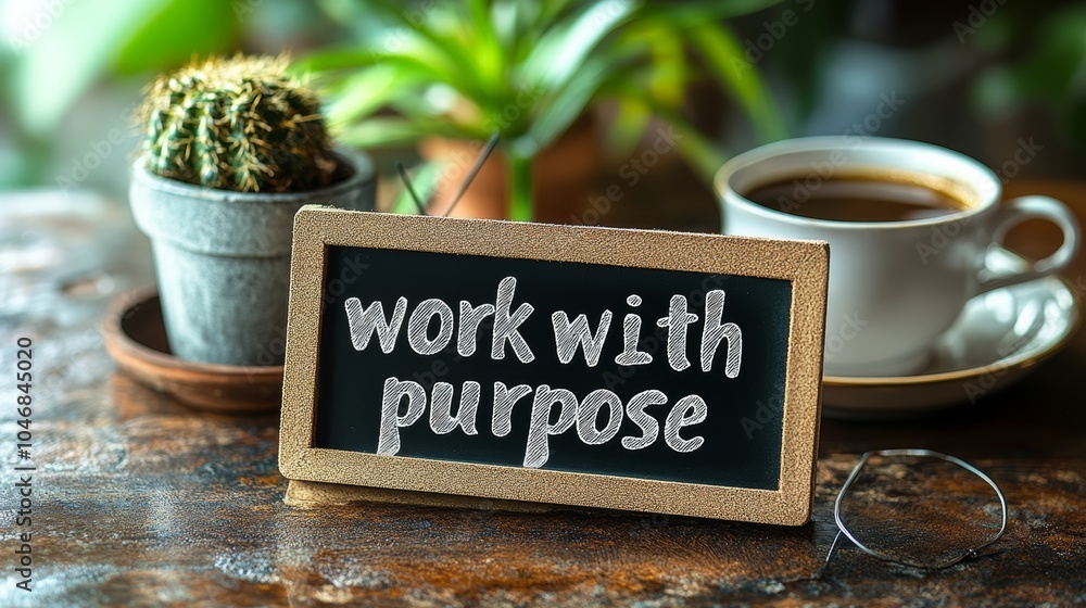Poster a small chalkboard with the message work with purpose on a wooden table with a cup of coffee and a c
