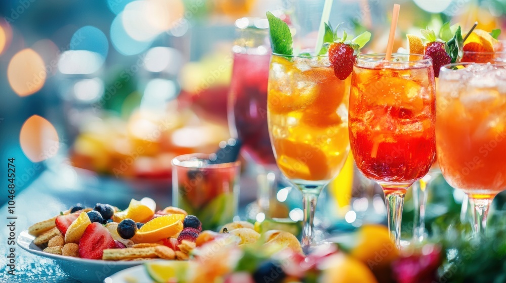 Poster a variety of colorful cocktails sit on a table alongside delicious snacks and fresh fruit, creating 