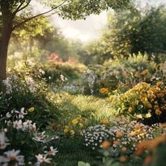 A peaceful garden filled with medicinal plants and flowers, showcasing their natural beauty