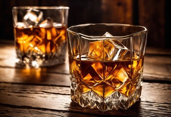 close view whiskey glass sitting wooden table surrounded natural light rich textures, collection, drink, pour, style, aroma, craftsmanship, depth, set, hosts