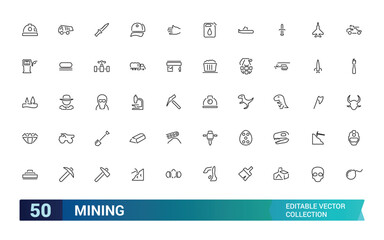 Set of line icons related to mining, coal, industry. Editable stroke icon collection, Pixel perfect outline icons pack, vector illustration.