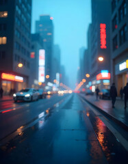 Obraz premium Futuristic cityscape with glowing neon lights, abstract geometric patterns, and blurred background