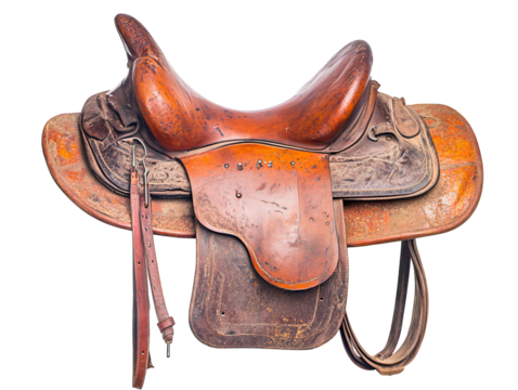 a brown leather saddle with a saddle strap